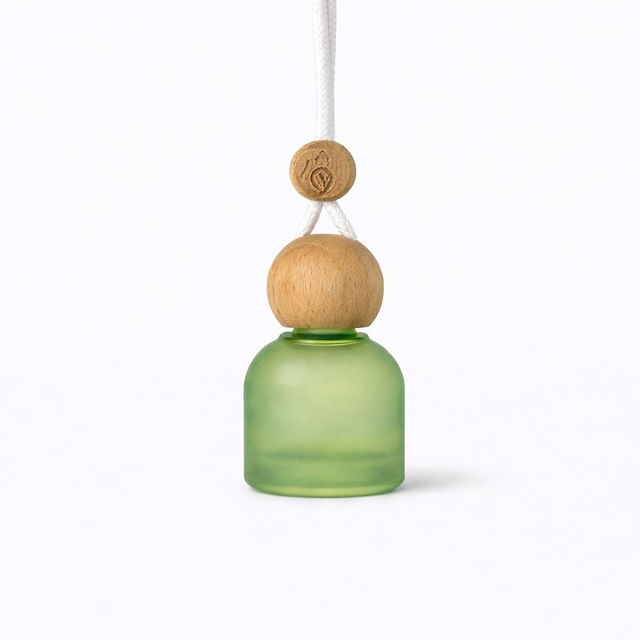 Hanging Car Air Freshener Bottle 8ml | Frosted Green Glass with Wooden Cap