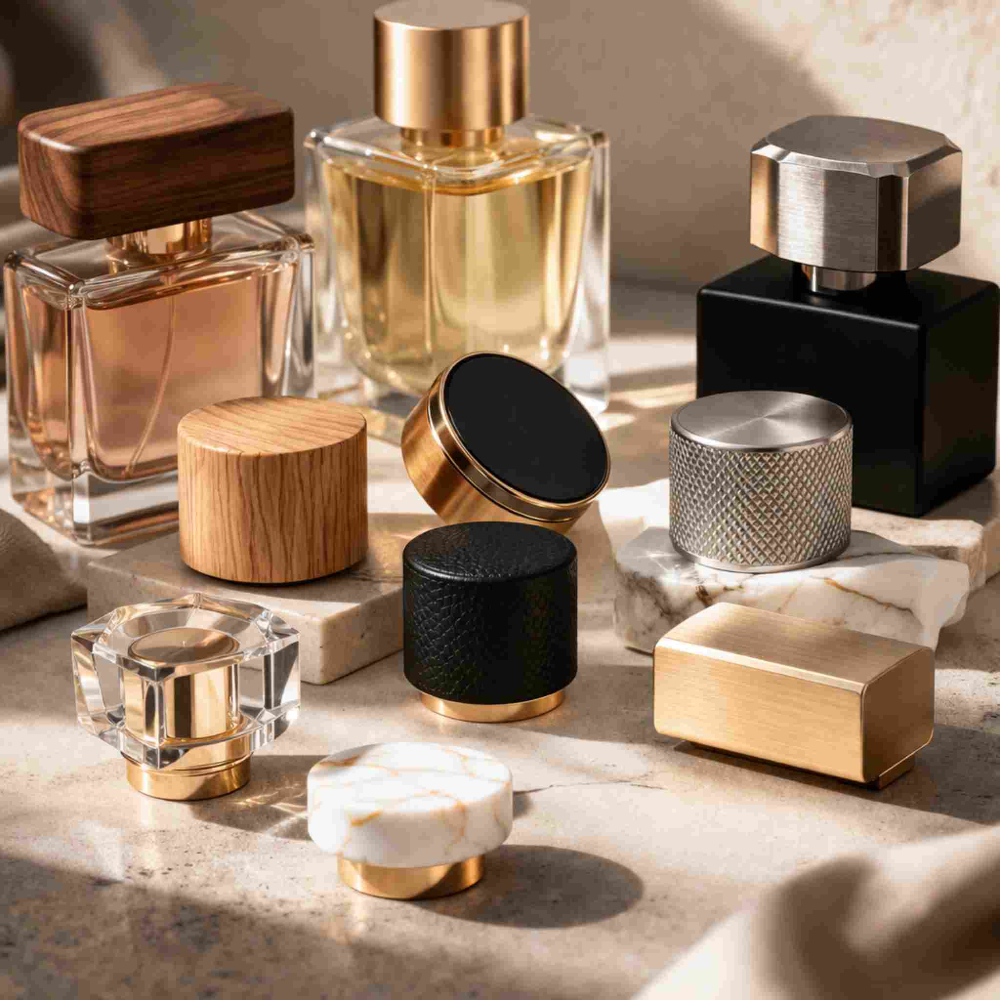 luxury perfume bottle caps wood metal