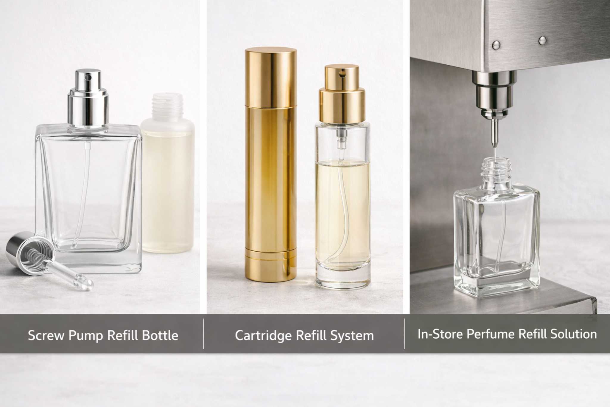 refillable perfume packaging systems screw pump bottle cartridge refill system in-store refill solution