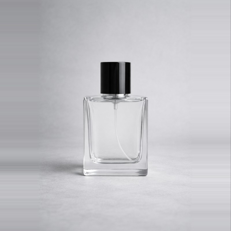 clear square glass perfume bottle with black cap minimalist packaging design